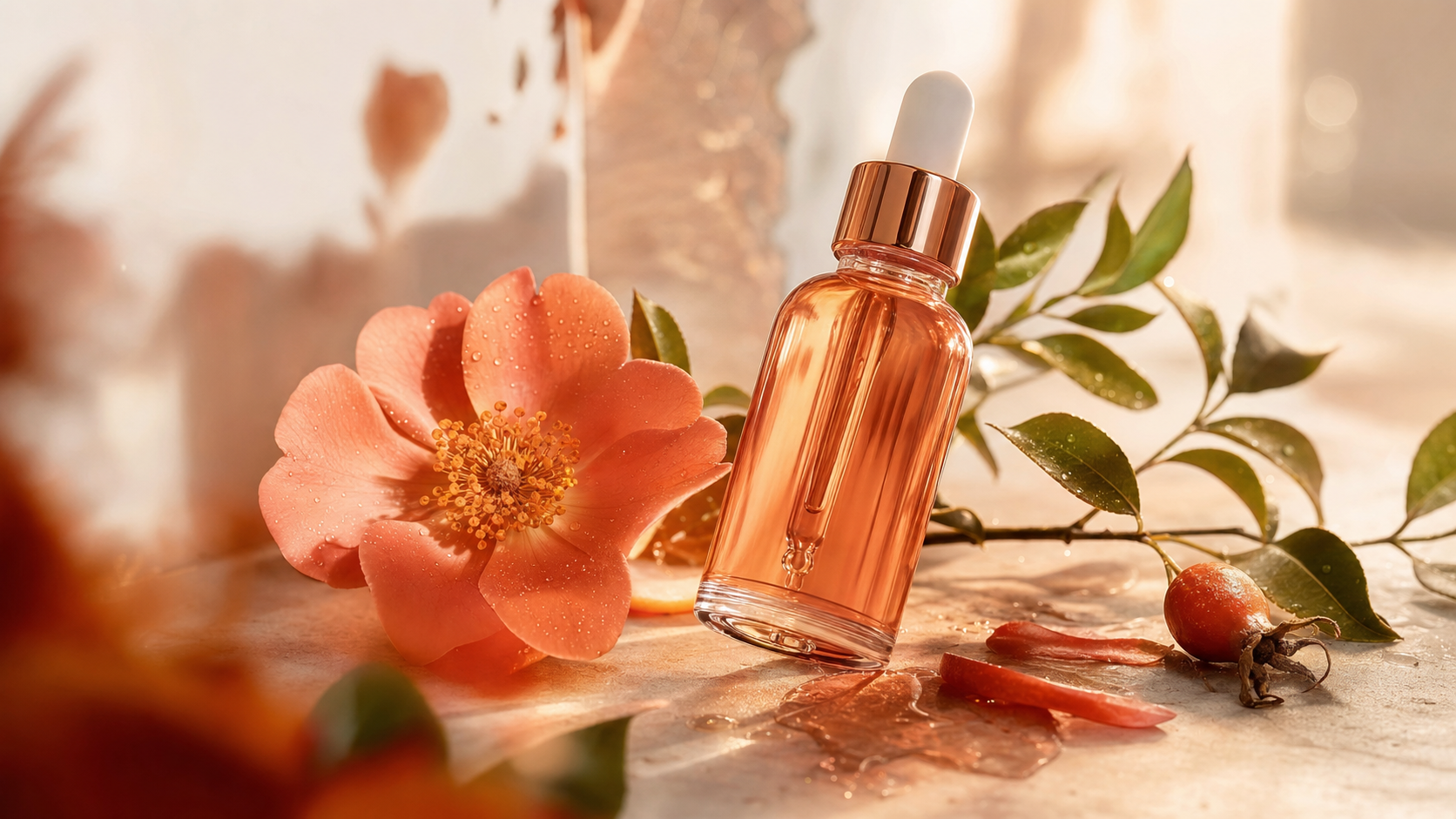 Warm terra cotta editorial photograph with a rose-gold serum dropper, salmon-pink botanical, and rosehip evoking topical astaxanthin sun protection for perimenopausal skin