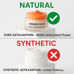 Two jars of cream labeled 'Dream Skin' and 'Synthetic Astaxanthin' with text comparing natural and synthetic versions.