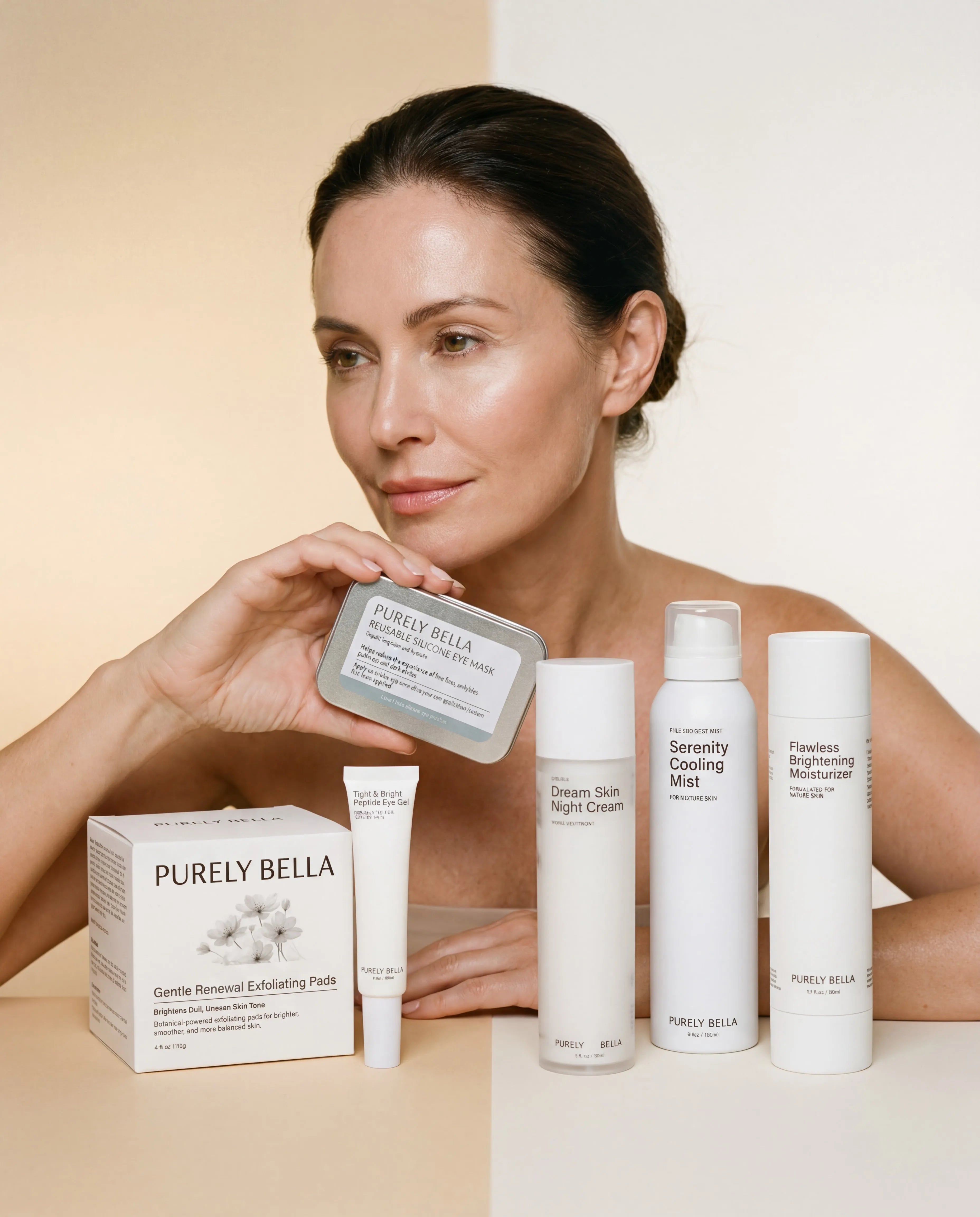A mature woman holding Purely Bella products