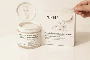 PURELY BELLA Gentle Renewal Exfoliating Pads packaging with open jar and product packaging on a white background