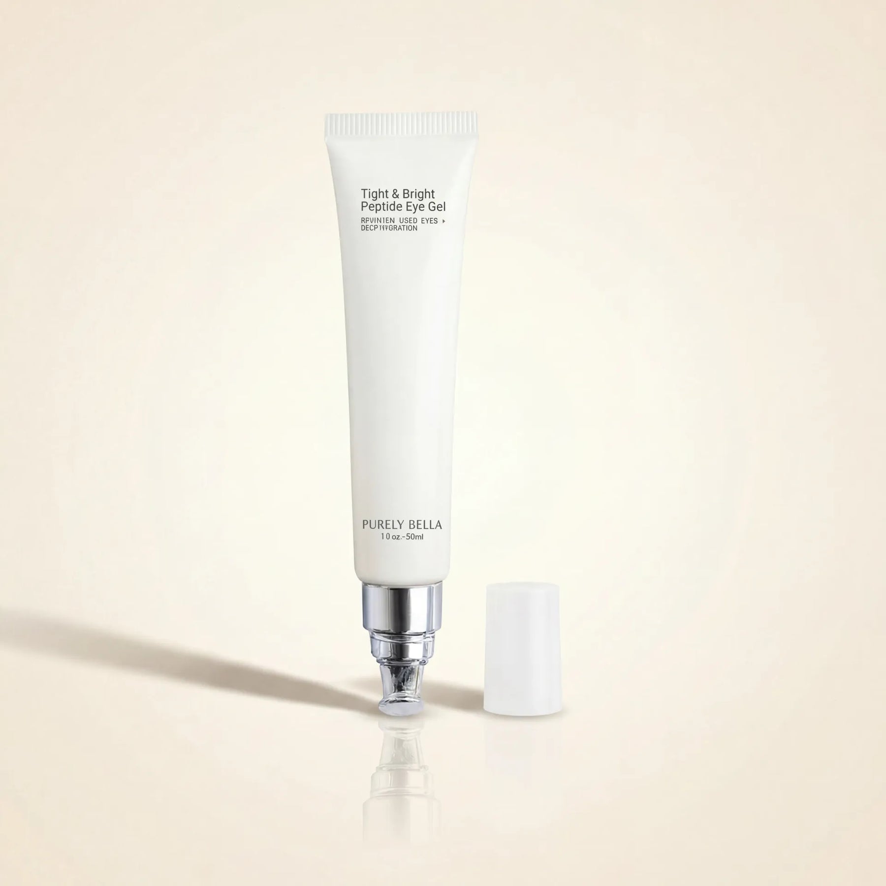 White eye gel tube with silver pump on a beige background