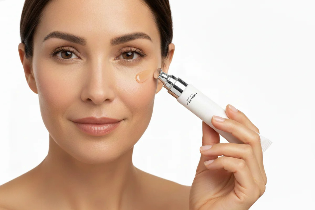 Woman applying Tight & Bright peptide eye gel - anti-aging eye treatment for women 40+