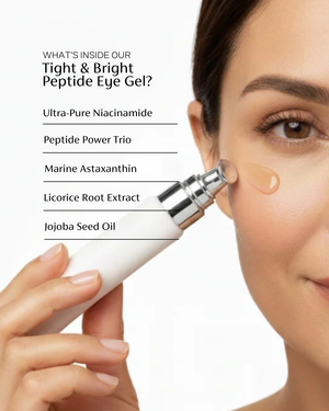 Tight & Bright peptide eye gel benefits - reduces dark circles puffiness with astaxanthin