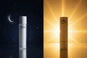 Two skincare cream bottles, one silver and one gold, on a dark and light background respectively.