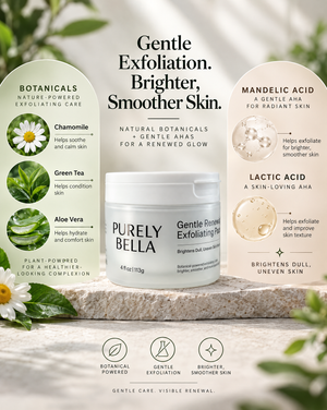 PURELY BELLA Gentle Renewal Exfoliating Pads jar on a stone slab with botanical callouts for chamomile, green tea, aloe vera, mandelic acid and lactic acid