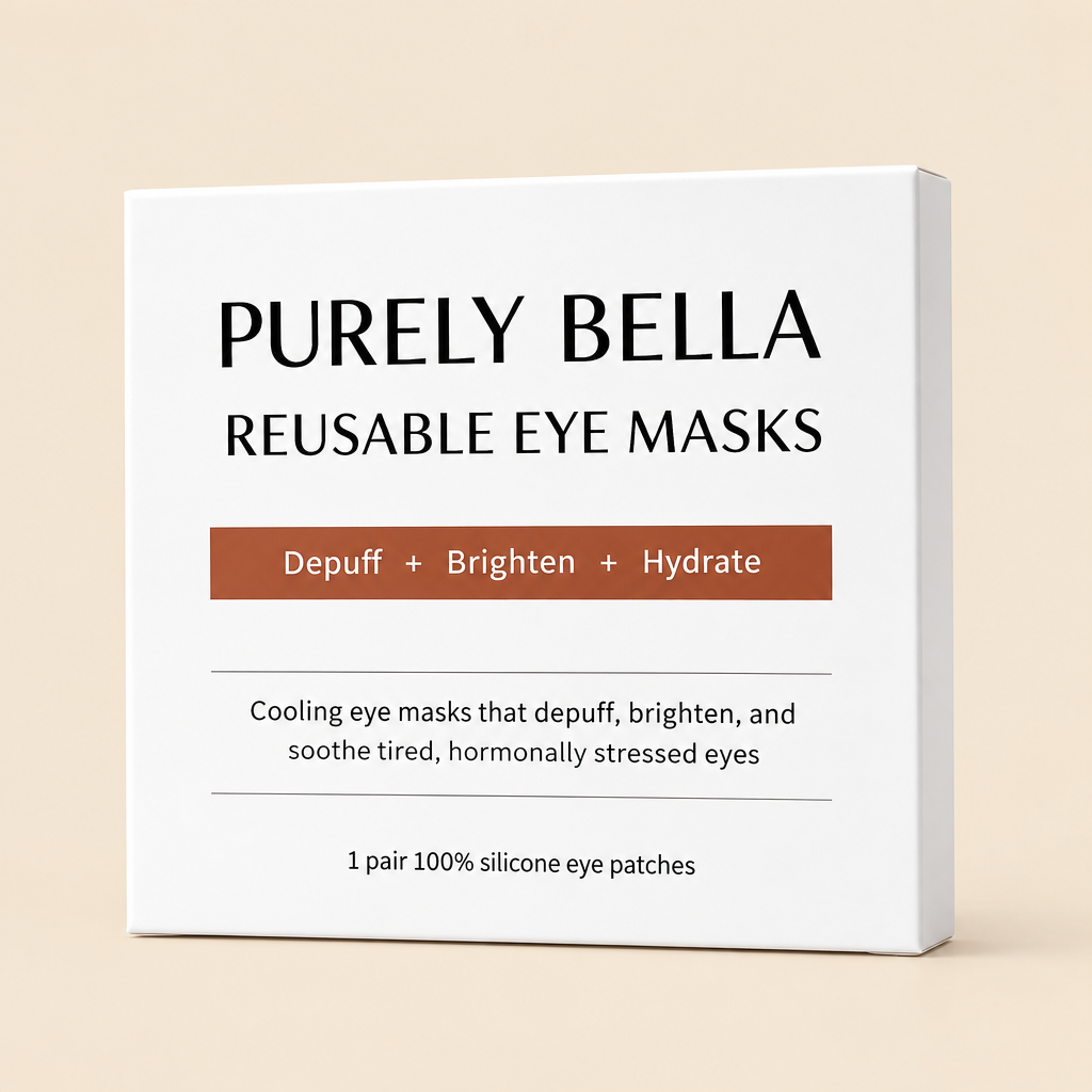 PURELY BELLA reusable silicone eye masks, contoured under-eye shape, pair on beige background