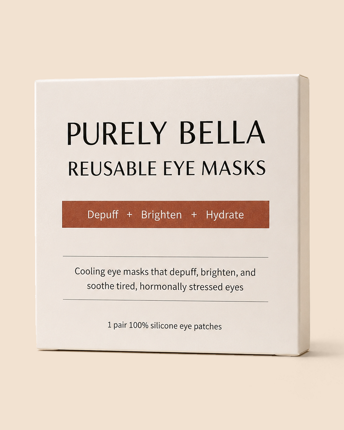 PURELY BELLA reusable silicone eye masks, contoured under-eye shape, pair on beige background
