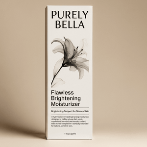 Purely Bella Flawless Brightening Moisturizer packaging - gentle dark spot cream mature skin
