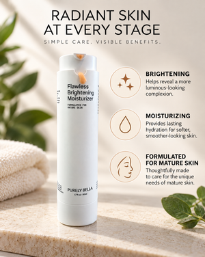 Purely Bella Flawless Brightening Moisturizer bottle on a beige stone surface with soft-focus green leaves and a folded towel in the background, alongside marketing text about brightening, moisturizing, and mature skin benefits.