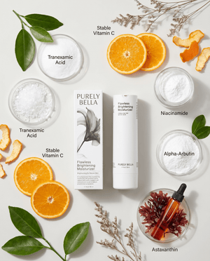 Purely Bella skincare product with ingredients like tranexamic acid, stable vitamin C, niacinamide, and astaxanthin on a light background.
