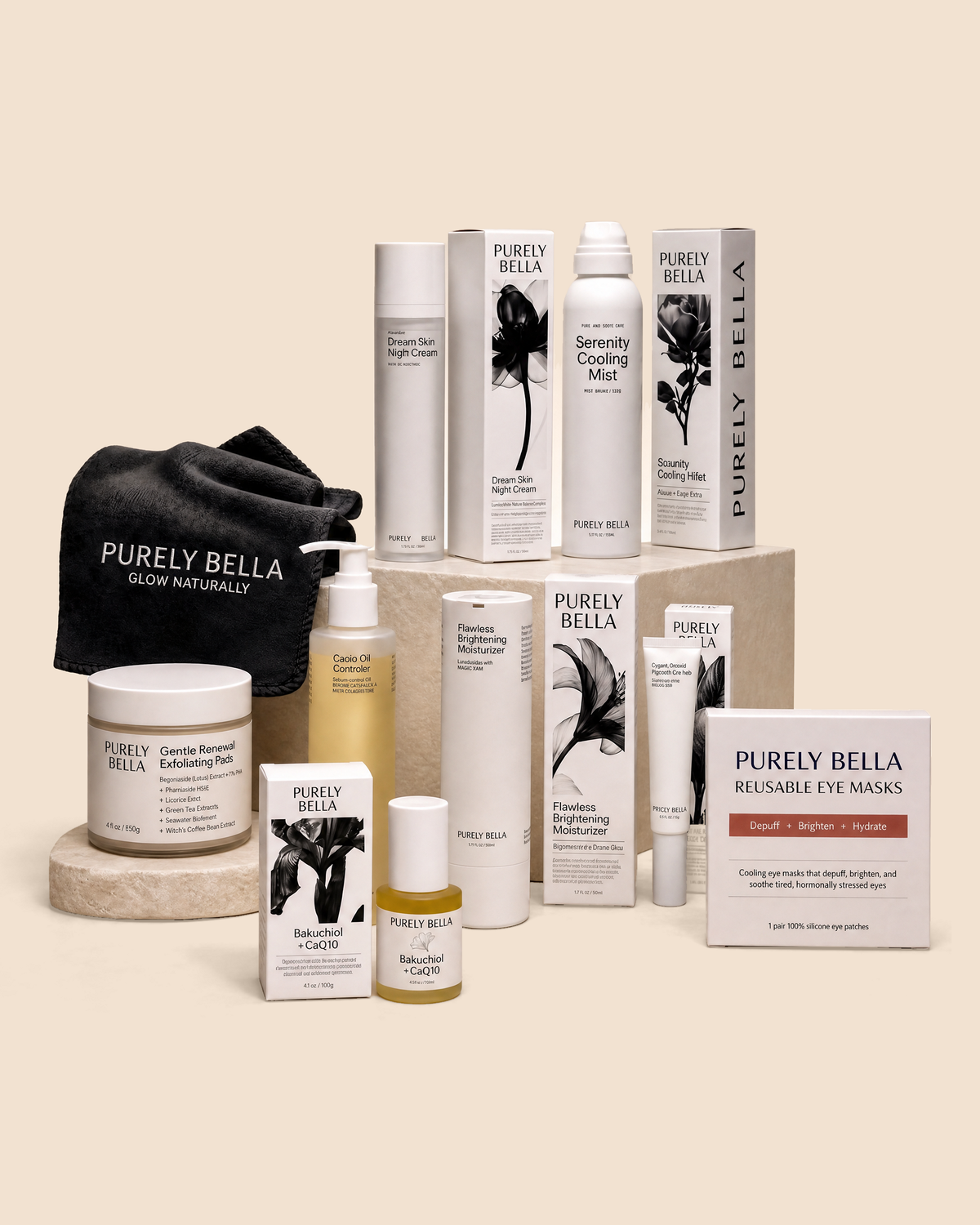 PURELY BELLA The Perimenopause Method complete skincare set, nine products arranged on a warm neutral background