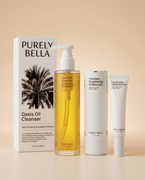 The Radiance Ritual 3-step brightening skincare set by Purely Bella with oil cleanser, eye gel, and moisturizer