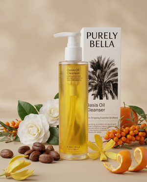 Oasis Oil Cleanser bottle with packaging and natural elements on a beige background