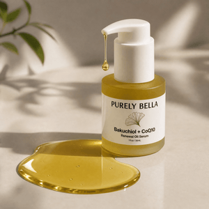 PURELY BELLA skincare serum bottle with droplet on a neutral background