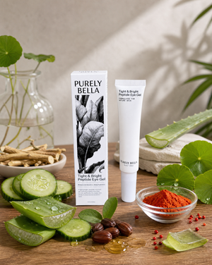 PURELY BELLA eye gel with natural ingredients on a wooden surface