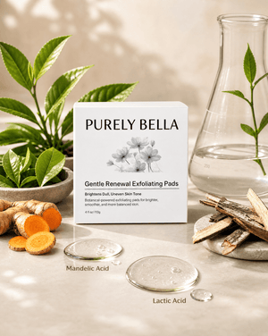 Purely Bella Gentle Renewal Exfoliating Pads packaging with natural elements on a neutral background