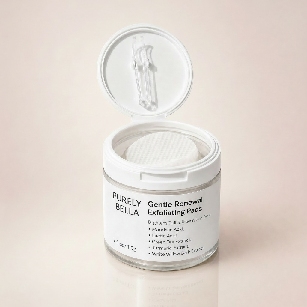 Jar of Purely Bella Gentle Renewal Exfoliating Pads on a beige background