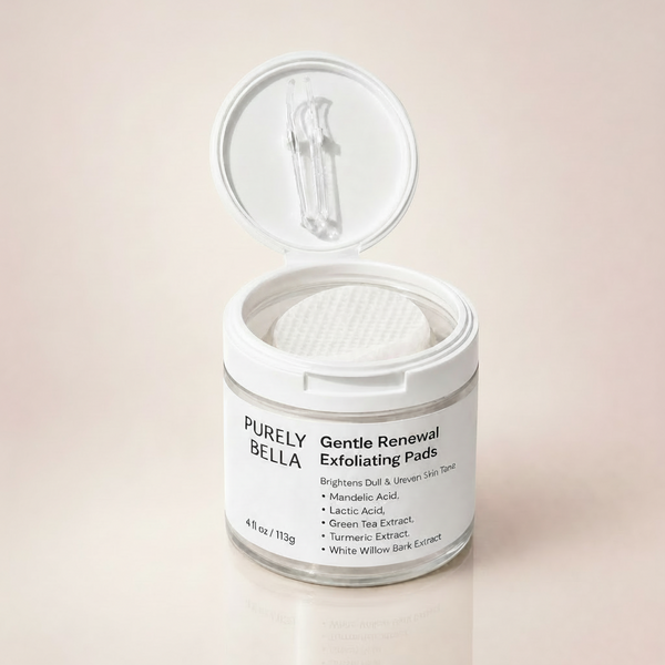 Jar of Purely Bella Gentle Renewal Exfoliating Pads on a beige background