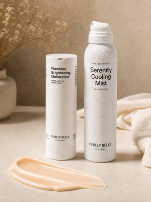 Two skincare products from Purely Bella on a beige surface with a neutral background