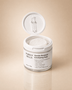 Jar of Purely Bella Gentle Renewal Exfoliating Pads on a beige background