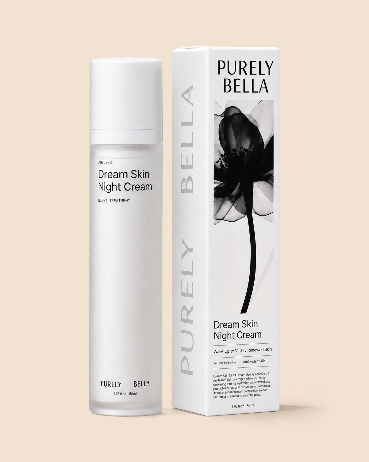Purely Bella Dream Skin astaxanthin night cream jar on a beige background