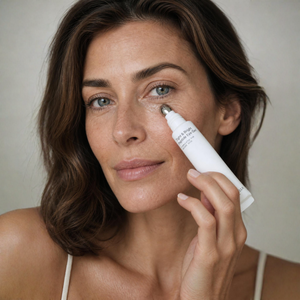 Woman applying eye gel product to her face with a neutral background