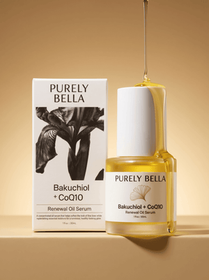 Purely Bella Bakuchiol + CoQ10 Renewal Oil Serum bottle and packaging on a beige background