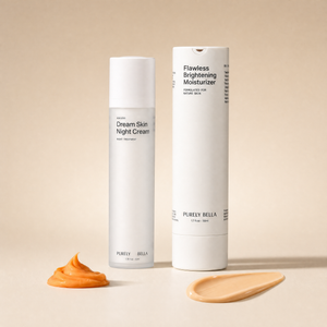 Two skincare product bottles with cream samples on a beige background