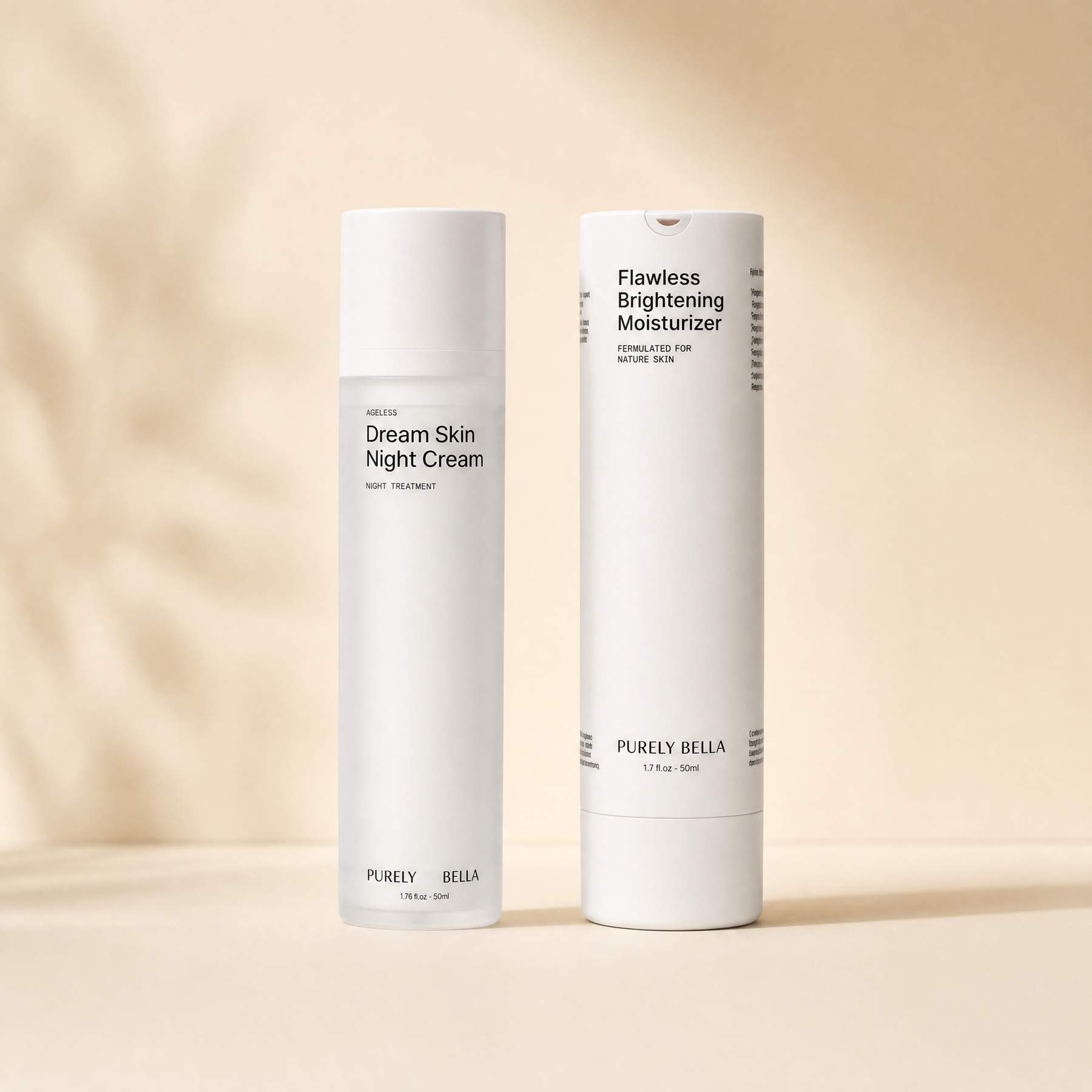 Two bottles of 'Dream Skin Night Cream' and 'Flawless Brightening Moisturizer' by 'Purely Bella' on a beige background.