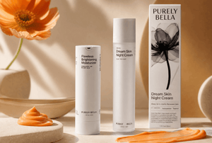 PURELY BELLA skincare products on a neutral background with a flower.