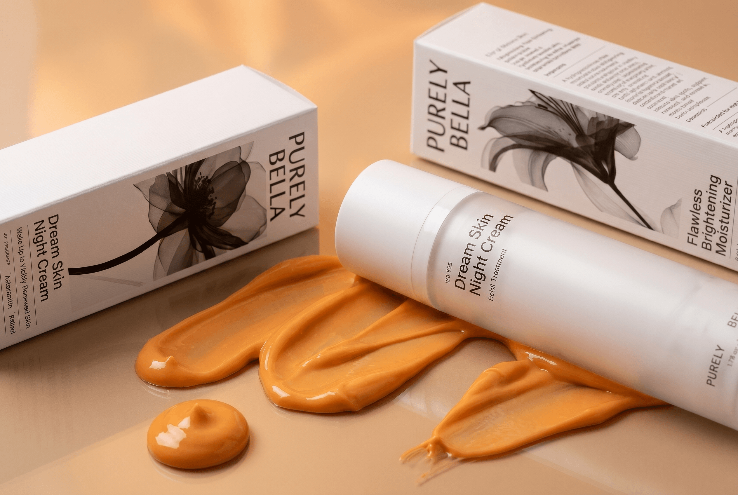 Purely Bella skincare cream with packaging on a beige background