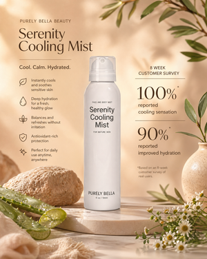 Serenity Cooling Mist bottle with product details and customer survey results on a warm-toned background.