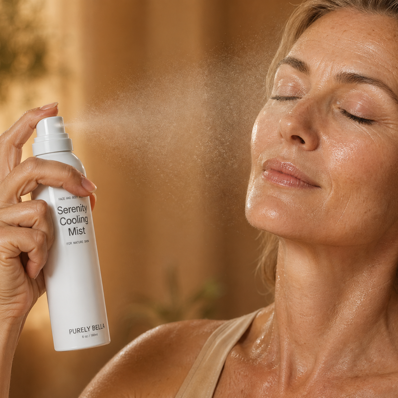 Woman applying a facial mist spray with a blurred natural background