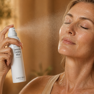 Woman applying a facial mist spray with a blurred natural background