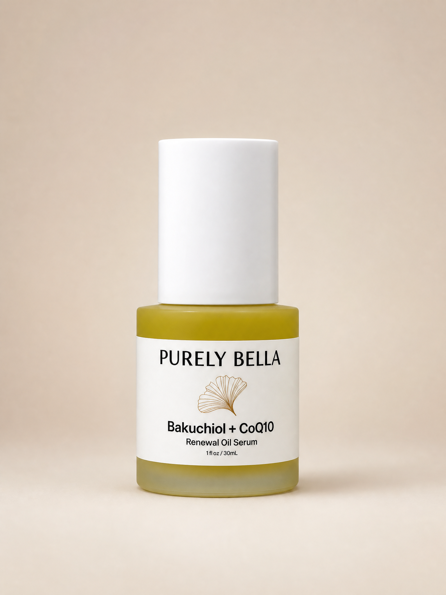 Bottle of Purely Bella skincare serum on a beige background