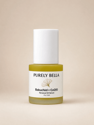 Bottle of Purely Bella skincare serum on a beige background
