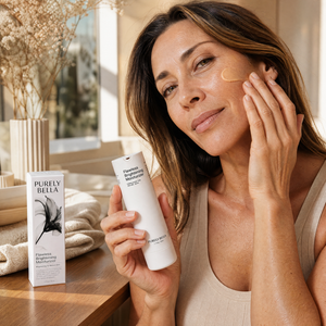 Woman applying skincare product with 'Purely Bella' packaging in the background