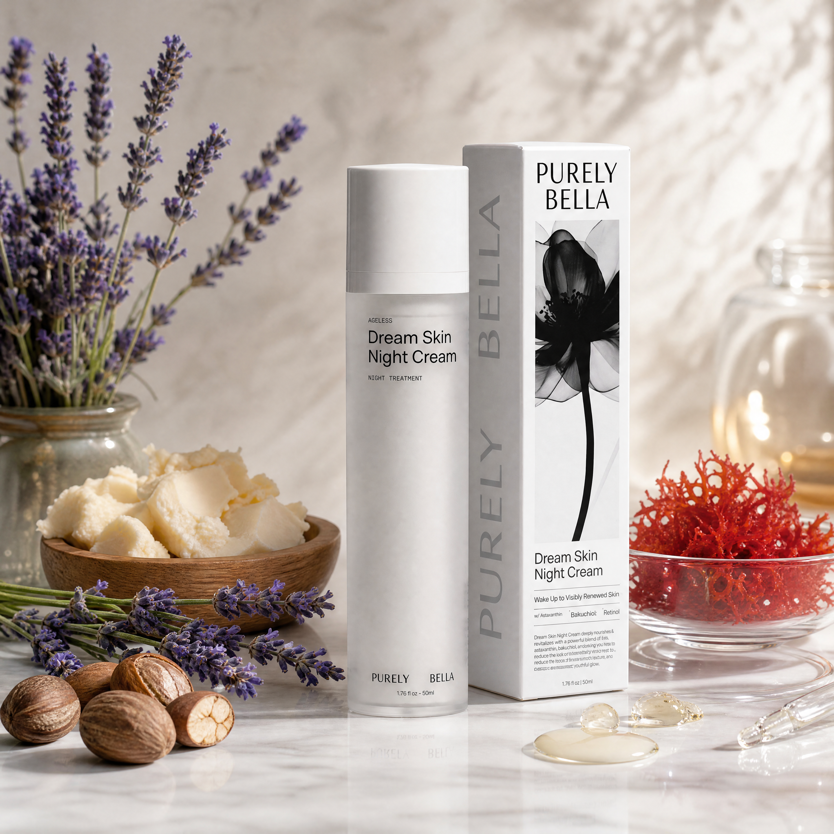 Purely Bella Dream Skin Night Cream with packaging, lavender, and candles on a marble surface.