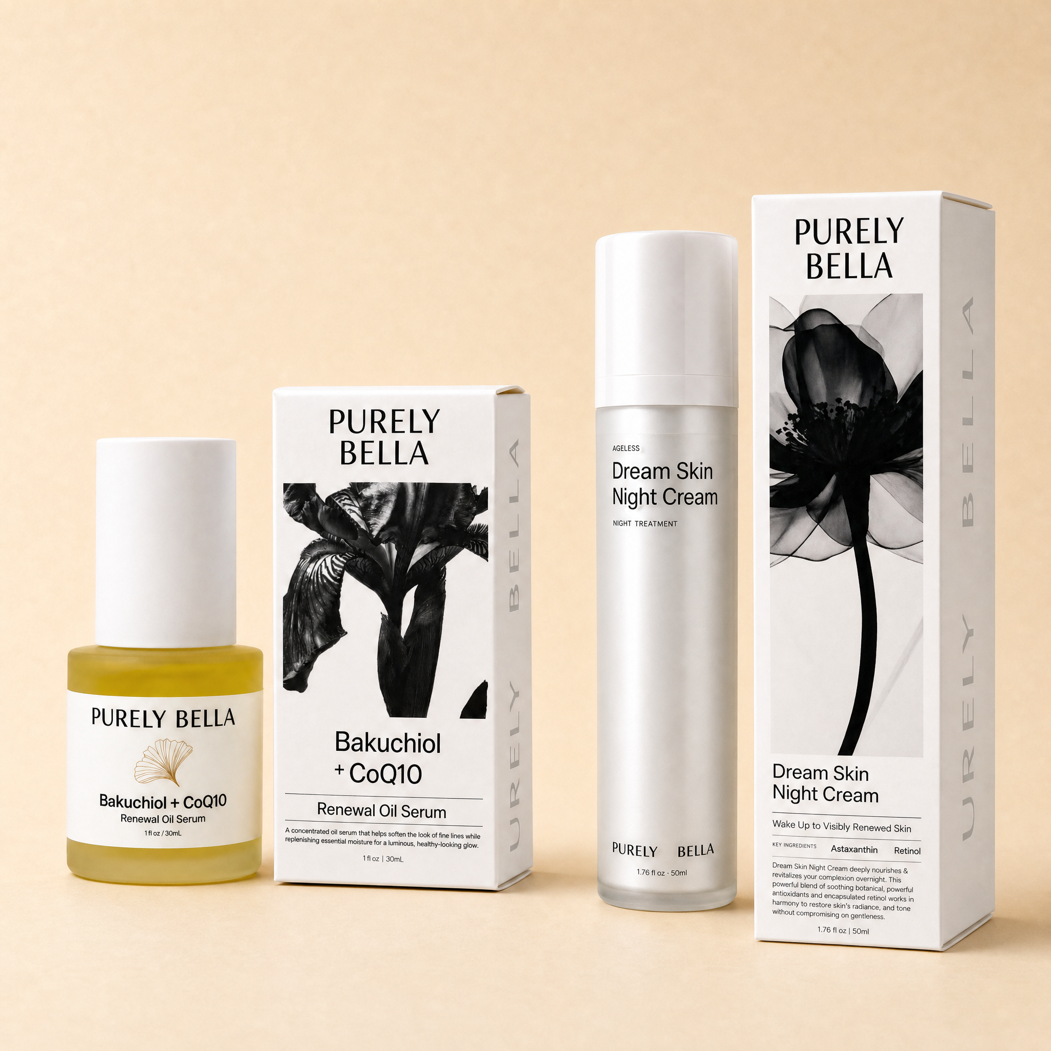The Renew Ritual bundle: Bakuchiol + CoQ10 Renewal Oil Serum and Dream Skin Night Cream with their boxes on a warm background
