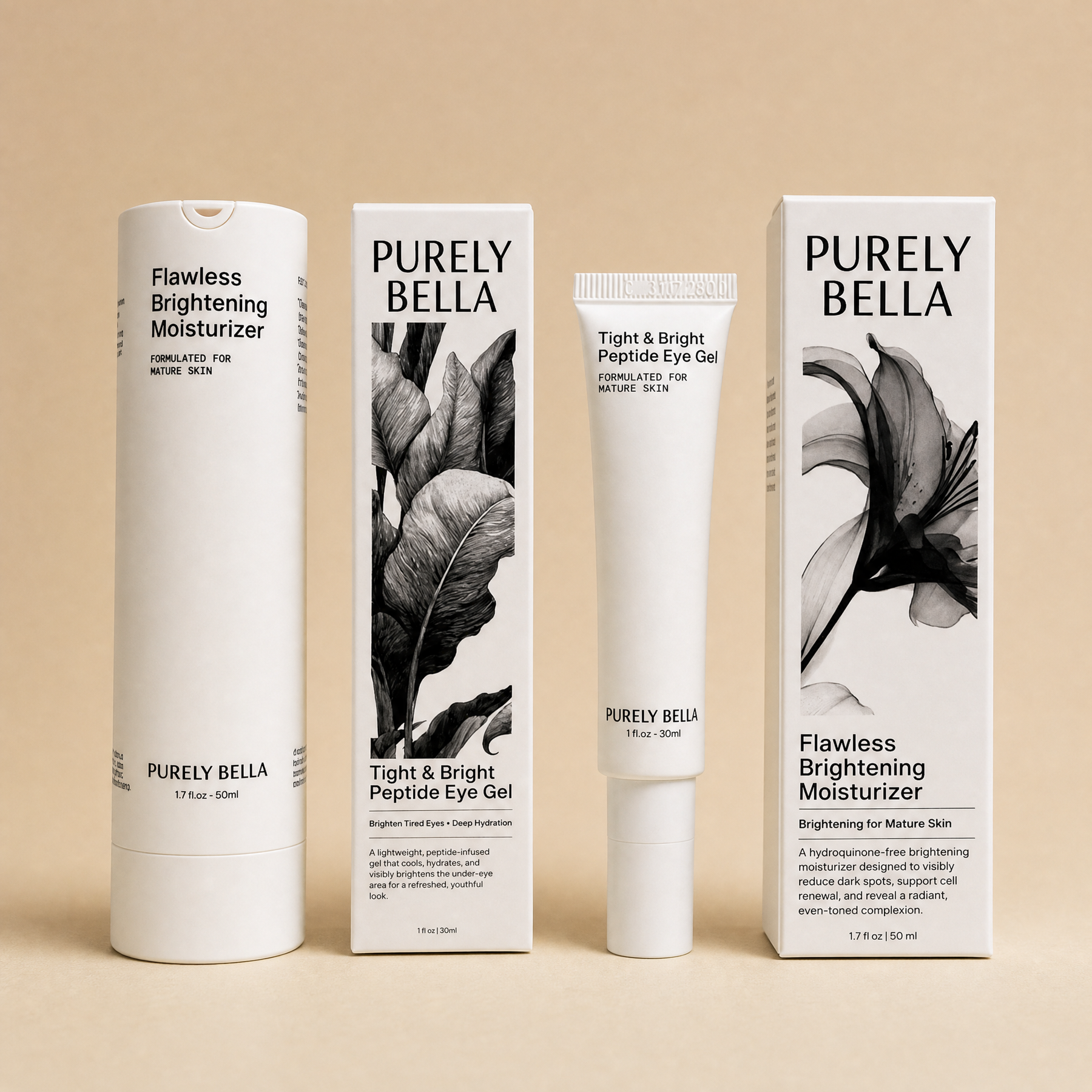 Four skincare packaging items from Purely Bella are arranged on a warm beige background: a white cylindrical bottle, a tall rectangular box with black floral artwork, a white tube of Tight & Bright Peptide Eye Gel, and a matching white box. The products are labeled for Flawless Brightening Moisturizer and Tight & Bright Peptide Eye Gel.