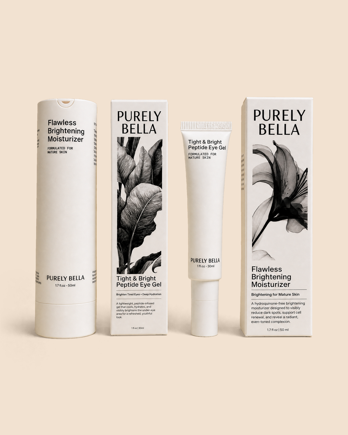 Four skincare packaging items from Purely Bella are arranged on a warm beige background: a white cylindrical bottle, a tall rectangular box with black floral artwork, a white tube of Tight & Bright Peptide Eye Gel, and a matching white box. The products are labeled for Flawless Brightening Moisturizer and Tight & Bright Peptide Eye Gel.
