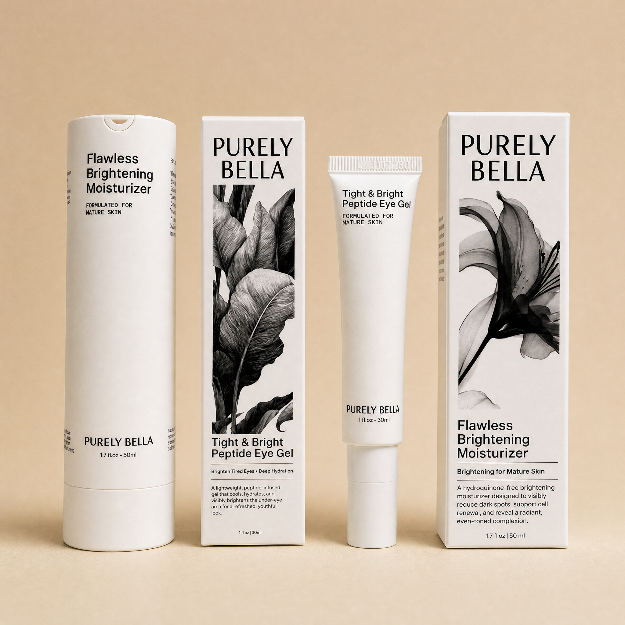 Four skincare packaging items from Purely Bella are arranged on a warm beige background: a white cylindrical bottle, a tall rectangular box with black floral artwork, a white tube of Tight & Bright Peptide Eye Gel, and a matching white box. The products are labeled for Flawless Brightening Moisturizer and Tight & Bright Peptide Eye Gel.