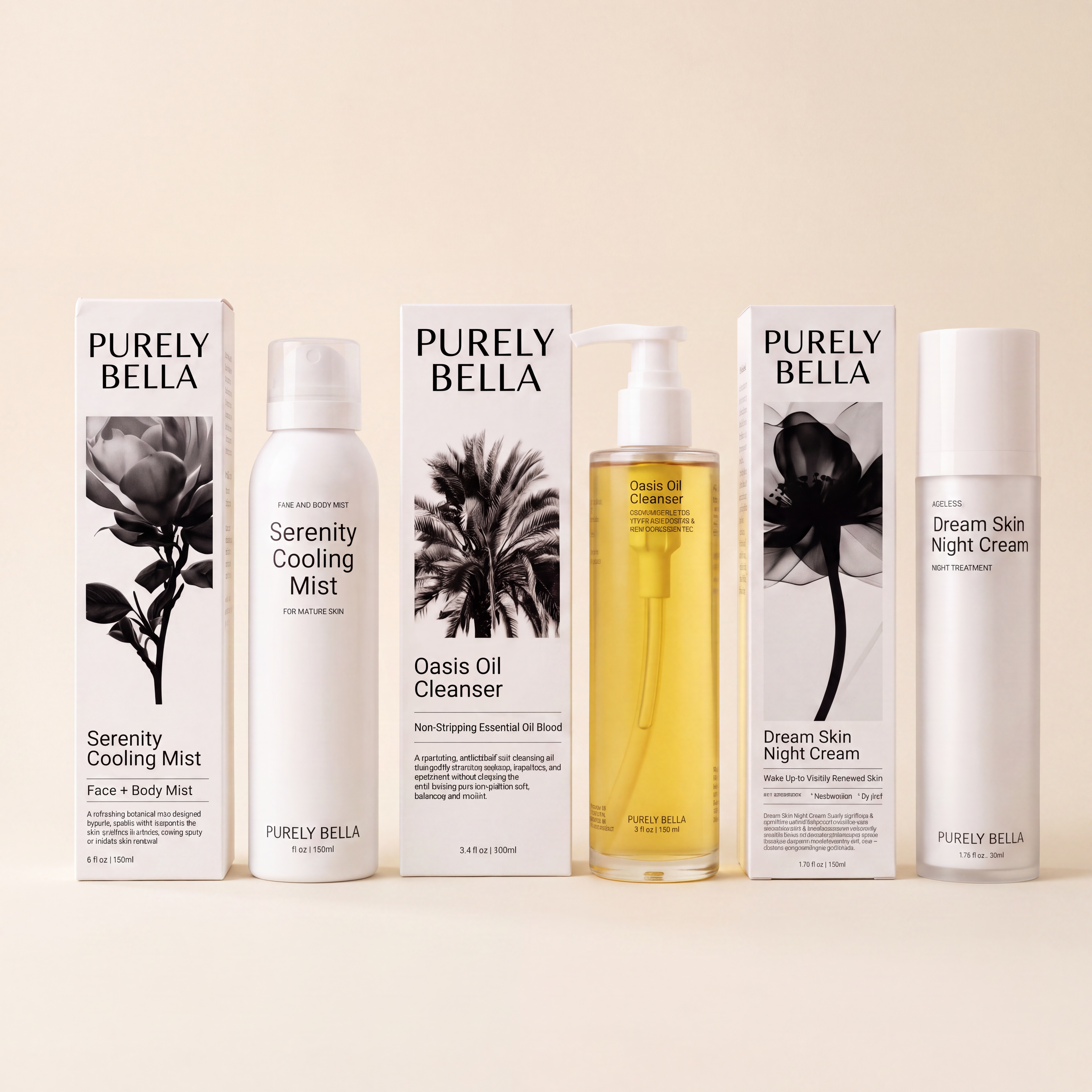 The Support Ritual bundle: Oasis Oil Cleanser, Serenity Cooling Mist, and Dream Skin Night Cream on a warm ivory background