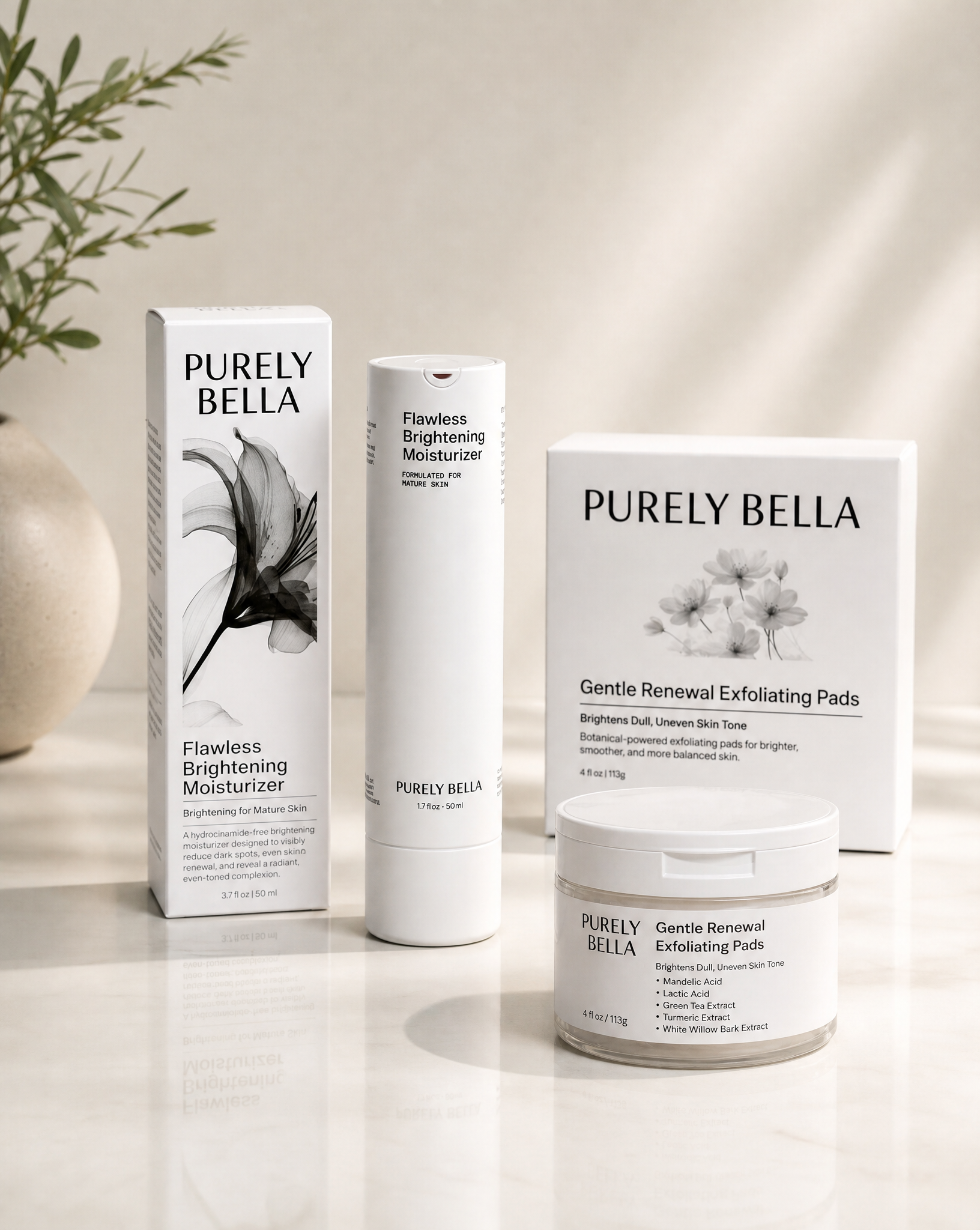 Collection of Purely Bella skincare products on a neutral background