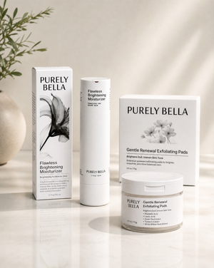 Collection of Purely Bella skincare products on a neutral background