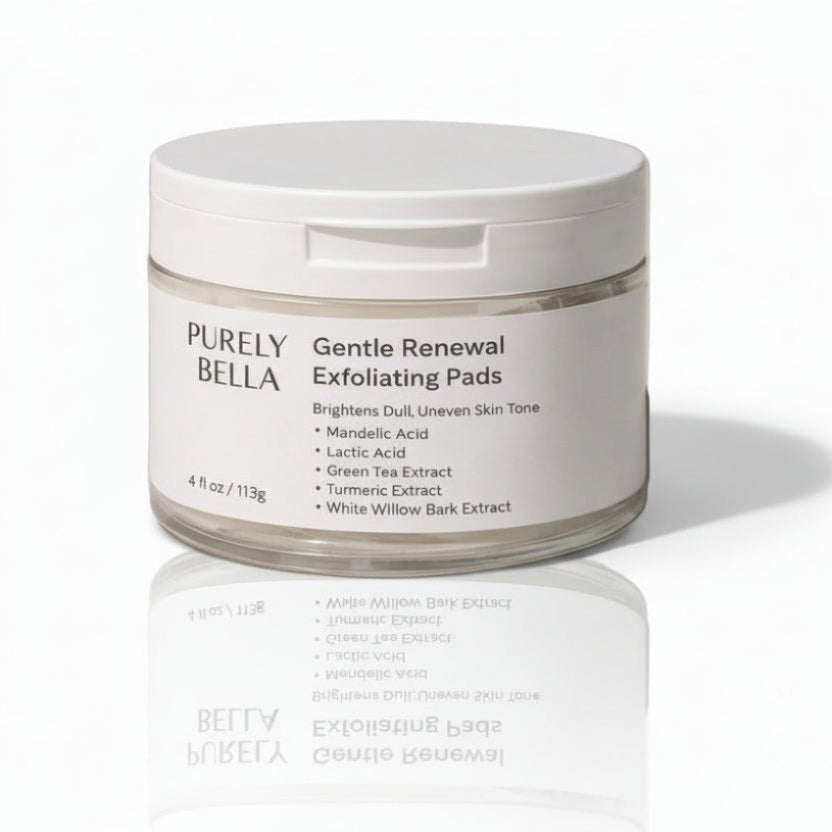 Jar of Purely Bella Gentle Renewal Exfoliating Pads on a beige background