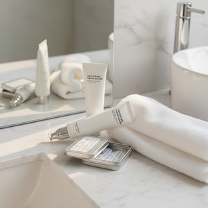 Tight & Bright Peptide eye gel on a bathroom counter with a mirror and reusable eye masks in the background