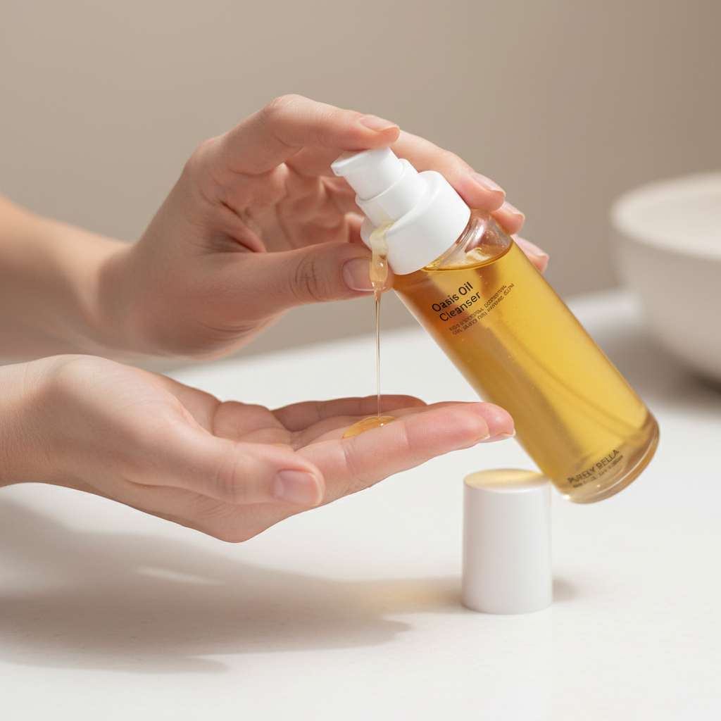 Person holding a bottle of Oasis Oil cleanser, the best botanical cleanser , applying it to their hand.
