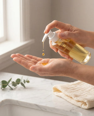 Person holding a bottle of oil and pouring it into their palm on a marble surface.