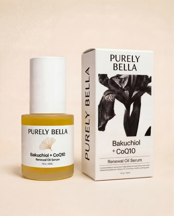 Purely Bella Bakuchiol + CoQ10 Renewal Oil Serum bottle and packaging on beige background